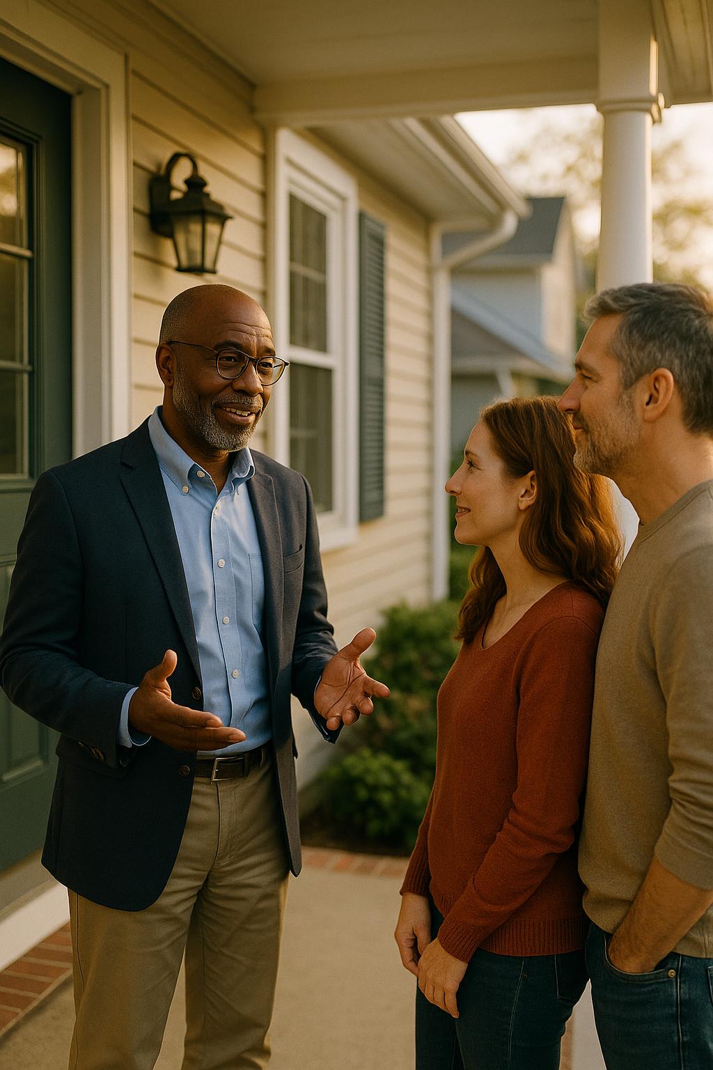 A home buyer talking through paperwork with a couple on their front porch